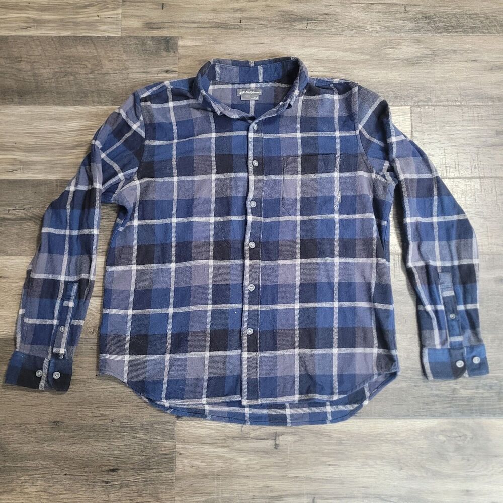 Eddie Bauer Blue Plaid Flannel Button Up Shirt White Long Sleeve Large Cotton